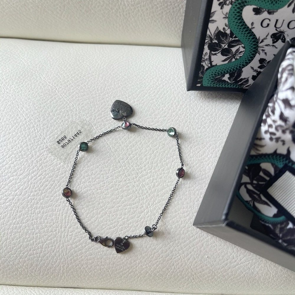 NEW GUCCI Bracelet Chain Blind for Love Heart Pink Green Bijou Silver Ag925 17 - Picture 3 of 6